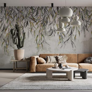 Hanging Green Leafs Wallpaper - Green Leaves Wall Mural Peel Stick - Traditional Non woven Botanical Wallpaper - Concrete Background