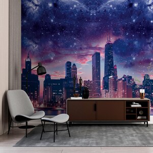 Cielo notturno sopra Chicago Cityscape Wall Mural-Carta da parati Cosmic Cityscape Wall Mural-Carta da parati Starry Night Chicago Skyline Wall Mural-Carta da parati Galaxy