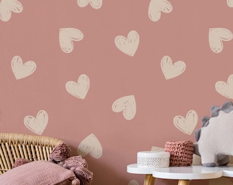 Pink Hearts Wallpaper Mural – Blush Girls Nursery Wall Decor – White Heart Peel and Stick – Romantic Kids Room Mural