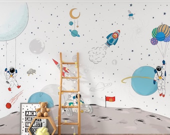 Space Astronaut Kids Wallpaper Mural – Peel and Stick Boys Room Wall Decor – Moon Planets Rockets Nursery Accent Wall – Custom Size