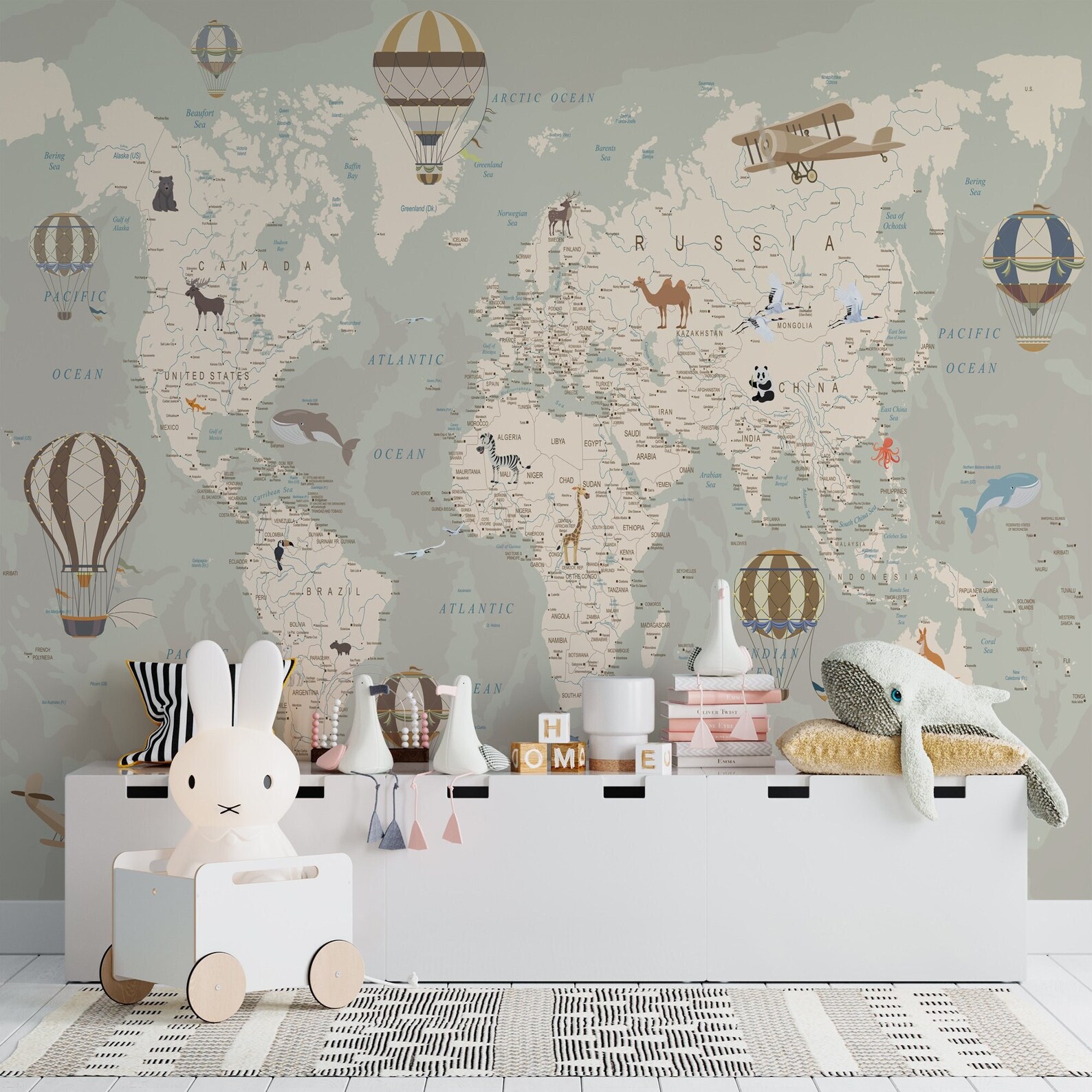 World Map Animals Balloons Wallpaper for Kids Room – Peel and Stick ...