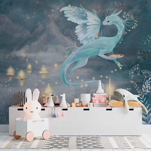 A serene wallpaper featuring a graceful, winged dragon with delicate floral accents hovering above a tranquil lake. The dragon is illuminated by glowing floating candles, surrounded by soft foliage and a backdrop of misty mountains under a starry sky