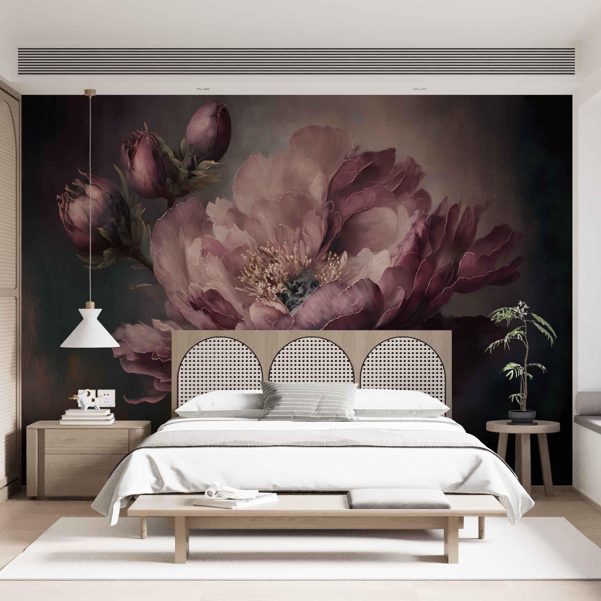 Dark Floral Peel and Stick Mural, Removable Peony Wallpaper, Botanical ...