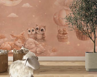 Sleeping Animals Moon Wallpaper for Baby Girl Nursery – Peel and Stick Woodland Wall Mural – Bear Bunny Balloon Accent Wall – Custom Size
