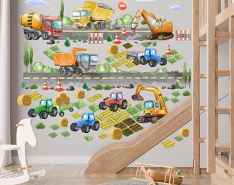 Construction Wall Decals for Boys Room, Peel and Stick Trucks and Excavator Stickers, Kids Construction Wall Decor