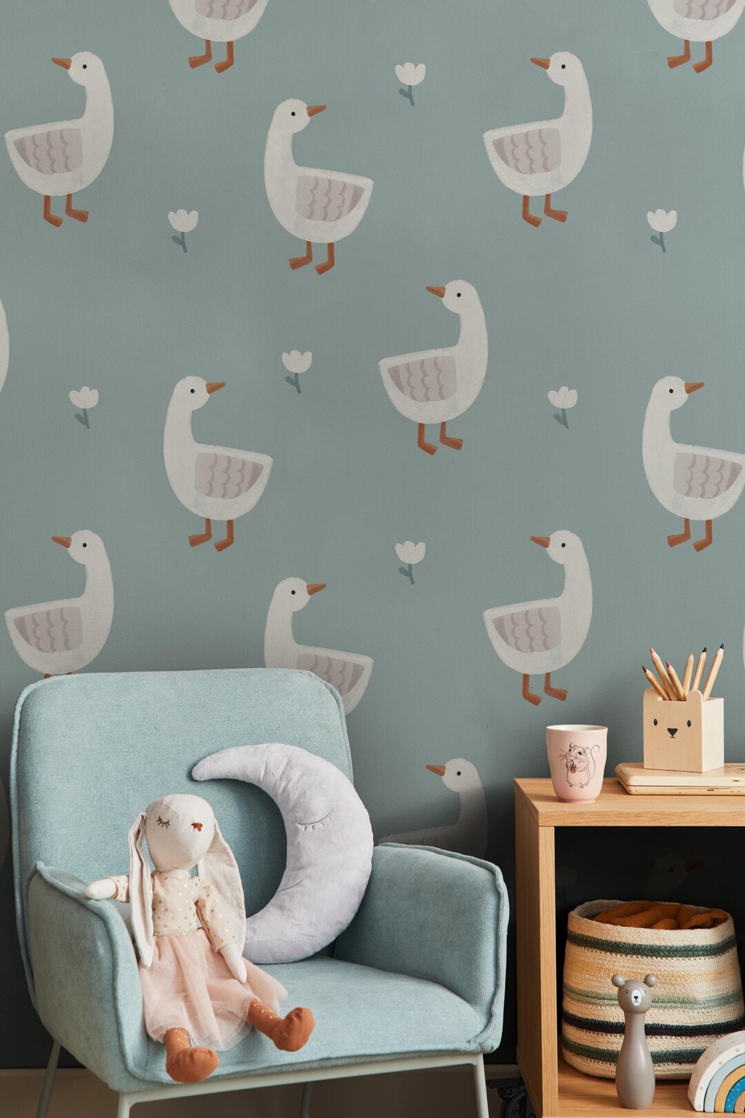 Goose Wallpaper Mural – Duck Nursery Wall Decor – Blue Kids Room Peel ...