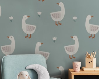 Goose Wallpaper Mural – Duck Nursery Wall Decor – Blue Kids Room Peel and Stick – Cute Bird Watercolor Animal Mural