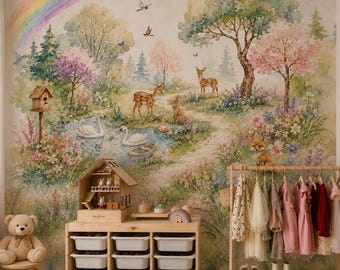 Woodland Nursery Wallpaper, Rainbowcolor Deer Forest Wall Mural, Girls Room Decor, Kids Wallpaper for Playroom