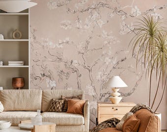 Almond Blossom Tree Wallpaper – Vintage Floral Mural – Van Gogh Inspired Wall Art – Whimsical Blossom Wall Decor