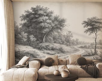 Carta da parati murale con foresta in bianco e nero / Carta da parati con sentiero paesaggistico vintage / Scena naturale monocromatica / Arte murale con bosco / Decorazione murale decorativa