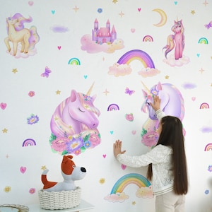 Unicorn Wall Decals Kids Room Decor - Rainbow Wall Stickers - Kids Peel and Stick Removable Wall Decals - Princess Girls Kids Baby Nursery