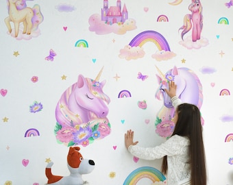 Eenhoorn muurstickers kinderkamer decor - regenboog muurstickers - kinderen Peel en stick verwijderbare muurstickers - prinses meisjes kinderen babykamer