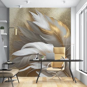 Elegant White and Gold Feather Wallpaper - Luxury Wall Decor Bedroom Living Room Home Decor Wallpaper Peel and Stick No-Woven-Art Wall Mural