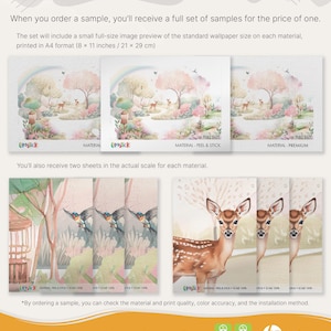 May include: A sample order set featuring A4 size wallpaper previews and actual scale sheets. The prints display a whimsical forest scene with deer, birds, and trees in soft pastel colours. Text includes Sample Order, Peel & Stick, and Premium.
