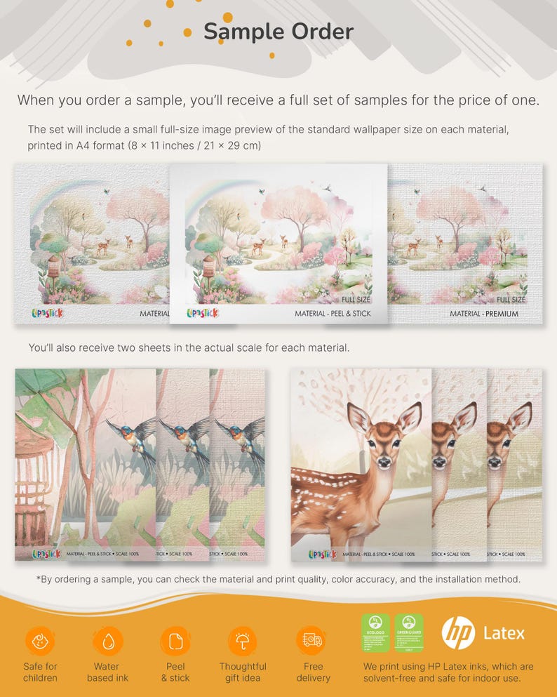 May include: A sample order set featuring A4 size wallpaper previews and actual scale sheets. The prints display a whimsical forest scene with deer, birds, and trees in soft pastel colours. Text includes Sample Order, Peel & Stick, and Premium.