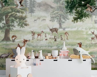 Woodland Animals Wall Mural for Kids Room, Forest Nursery Wallpaper with Deer and Forest Animals, Peel and Stick Wallpaper