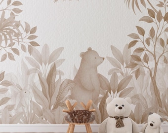 Neutral Nursery Wallpaper – Bear Bunny Jungle Wall Mural – Beige Woodland Peel and Stick – Watercolor Baby Room Decor