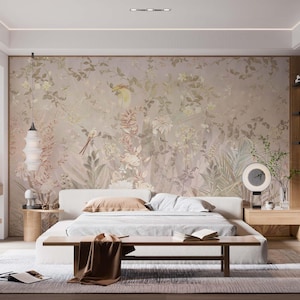 Floral Murals – Chinoiserie Wallpaper with Pastel Botanical Design – Peel and Stick Wall Decor for Bedroom or Living Room