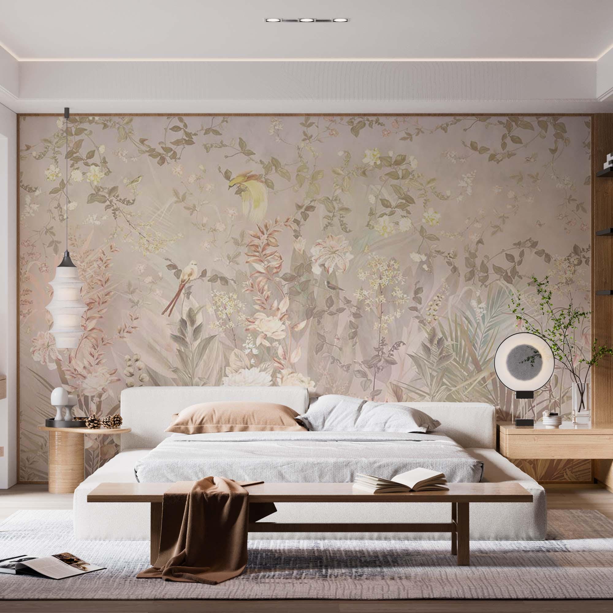 Floral Murals – Chinoiserie Wallpaper with Pastel Botanical Design – Peel and Stick Wall Decor for Bedroom or Living Room