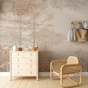 Beige Wald Tapete Mural – Nebelwald Wanddeko – Neutrale Baumlandschaft – Schlafzimmer Wohnzimmer Naturstil