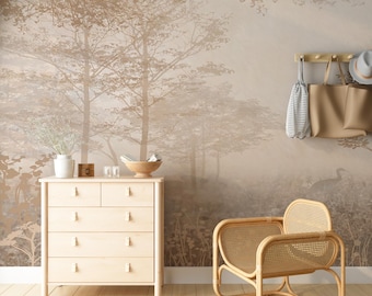 Beige Forest Wall Mural – Foggy Woodland Landscape – Neutral Nature Wallpaper for Bedroom
