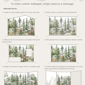 May include: An informational graphic titled Custom orders detailing services for custom wallpaper. It displays six numbered examples of forest-themed murals featuring bears, deer, and trees, showing layout adjustments, personalization, and wall coverage.