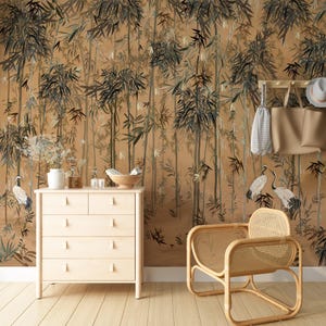 Bamboo Forest Wallpaper-Asian Crane Wall Mural-Oriental Nature Design-Vintage Bamboo Mural-Asian Jungle Wallpaper-Tropical Bamboo Design