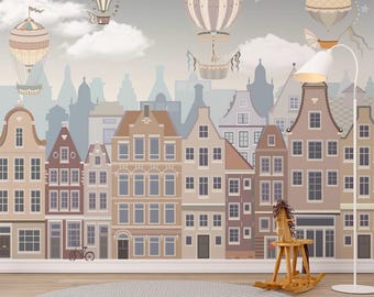 Hot Air Balloon Wallpaper Mural – City Kids Room Wall Decor – Adventure Nursery Peel and Stick – Vintage Town Boys Room Mural