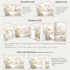 May include: An instructional infographic titled How to Measure Your Wall the Right Way, featuring diagrams for standard, sloped, and multiple walls, plus walls with obstacles. It uses arrows to indicate width and height measurements for wallpaper.