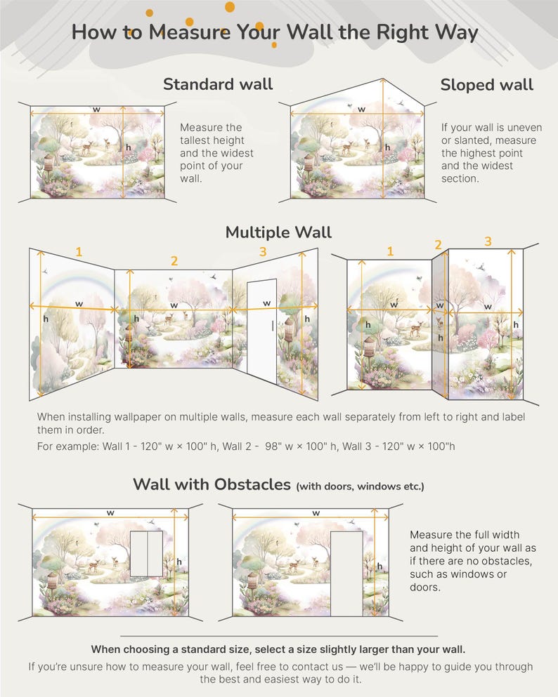 May include: An instructional infographic titled How to Measure Your Wall the Right Way, featuring diagrams for standard, sloped, and multiple walls, plus walls with obstacles. It uses arrows to indicate width and height measurements for wallpaper.
