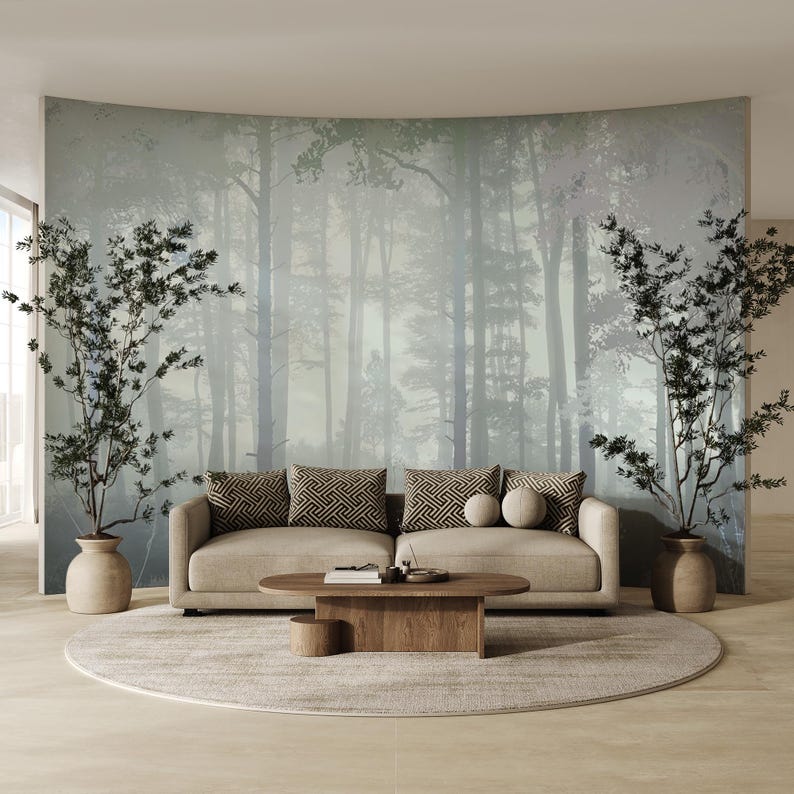 Misty Forest Wallpaper Mural – Pine Tree Wall Mural – Blue Gray Bedroom ...