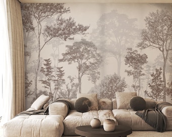 Mural Bosque Neutro – Papel Pintado Árboles Beige y Marrón – Mural Moderno Autoadhesivo o No Tejido para Dormitorio o Sala