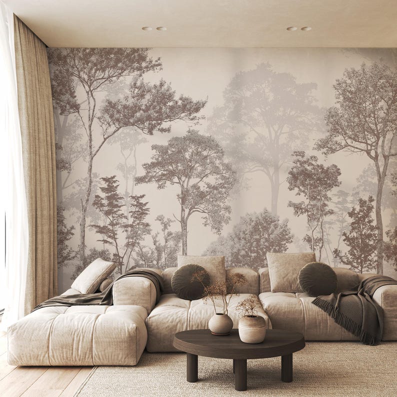 Neutral Forest Wall Mural – Beige and Brown Tree Wallpaper – Modern