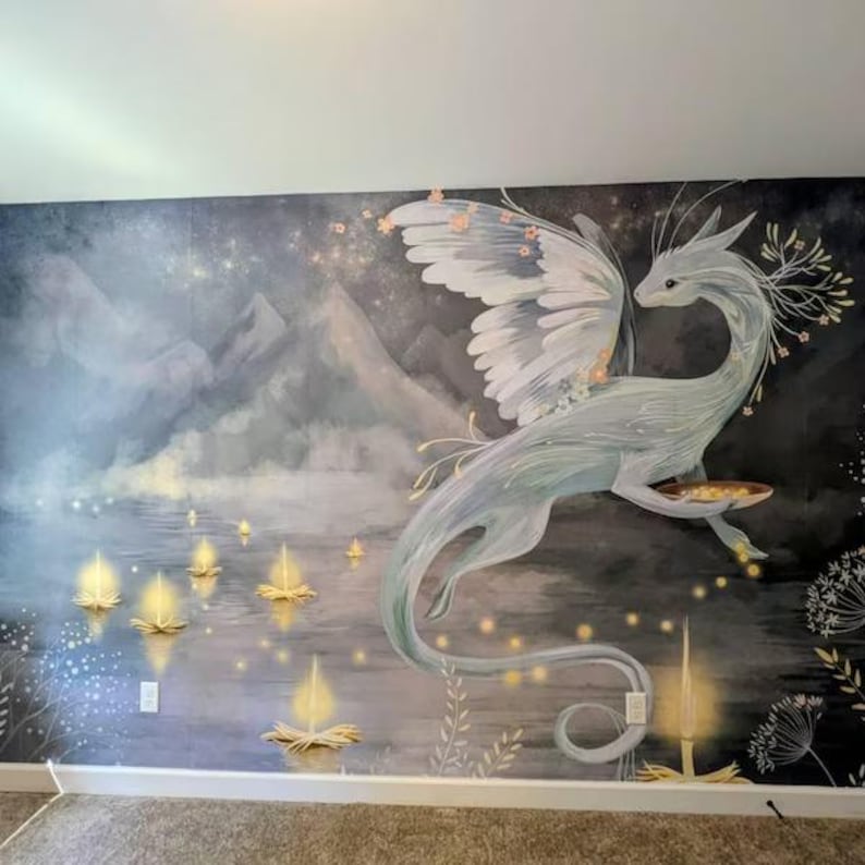May include: A wall mural featuring a large, pale blue dragon with expansive wings flying over a dark, misty landscape. The scene includes glowing, golden lotus-shaped lights floating on water, set against a backdrop of tall, shadowy mountains.