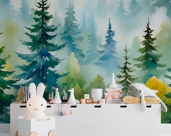 Watercolor Pine Forest Wallpaper for Kids Room – Peel and Stick Misty Trees Wall Mural – Woodland Nursery Boy Accent Wall – Custom Size