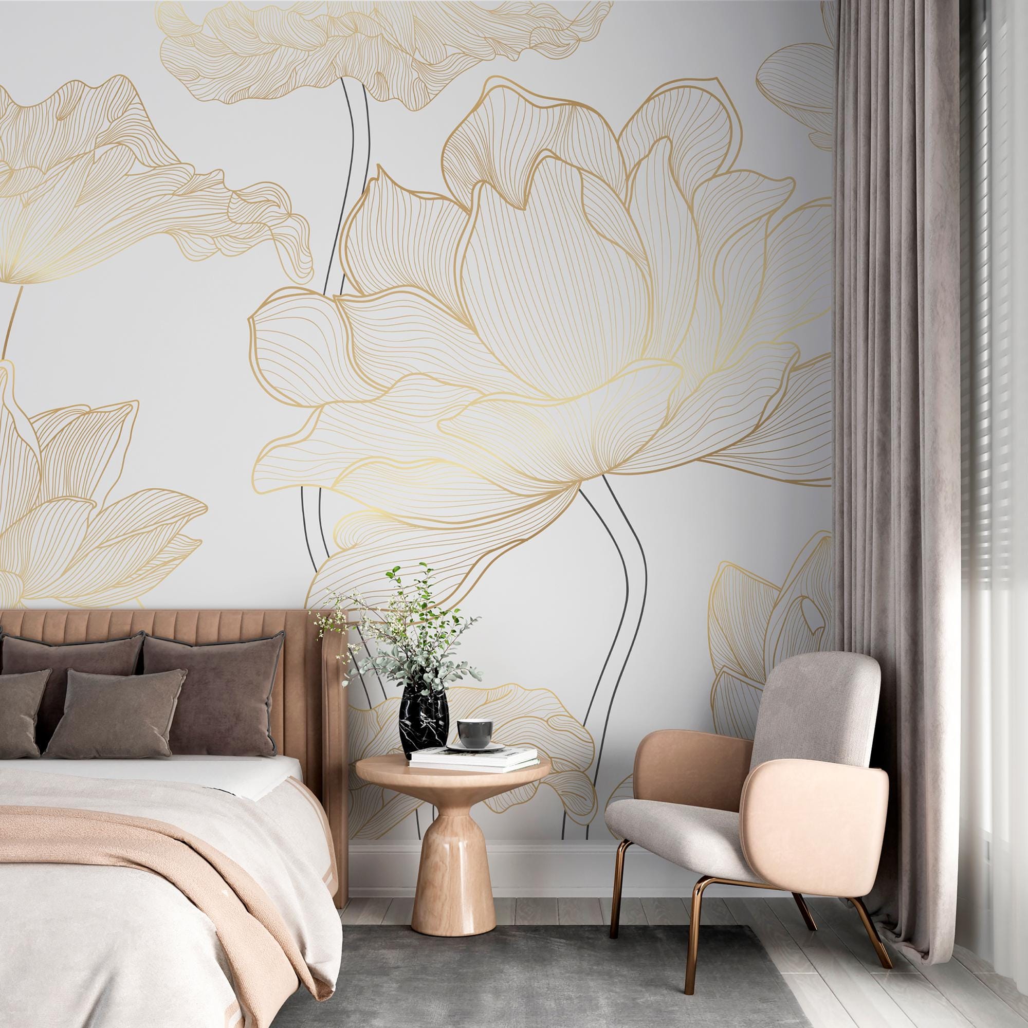 Gold Lotus Wallpaper Mural – Floral Line Art Wall Mural – Elegant Beige ...