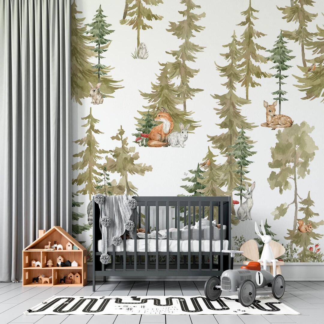 Woodland Animals Wall Mural for Kids Room, Forest Nursery Wallpaper ...