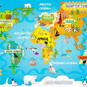Carta da parati con mappa del mondo per bambini, carta da parati staccabile e adesiva, carta da parati rimovibile Carta da parati con mappa del mondo per bambini - Carta da parati educativa, divertente e avventurosa