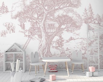 Toile Wallpaper Mural – Blush Treehouse Kids Room Wall Decor – Elephant Giraffe Peel and Stick – French Toile Nursery Mural