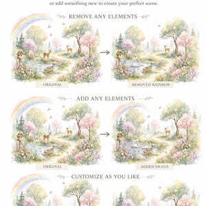 May include: A digital graphic showing customisation options for a watercolour landscape illustration. The text reads REMOVE OR ADD ANY ELEMENTS, Make it uniquely yours, REMOVE ANY ELEMENTS, ADD ANY ELEMENTS, CUSTOMIZE AS YOU LIKE, and Your vision, our creation.