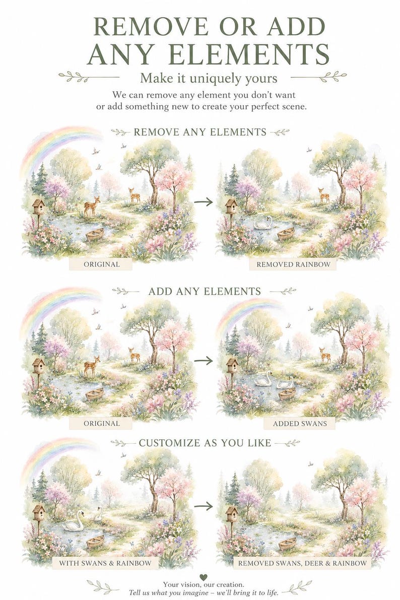 May include: A digital graphic showing customisation options for a watercolour landscape illustration. The text reads REMOVE OR ADD ANY ELEMENTS, Make it uniquely yours, REMOVE ANY ELEMENTS, ADD ANY ELEMENTS, CUSTOMIZE AS YOU LIKE, and Your vision, our creation.