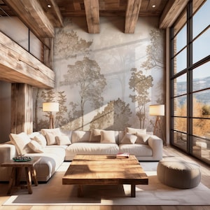 Misty Forest Silhouette Wall Mural – Elegant Neutral Tree Wallpaper – Japandi & Scandinavian Nature-Inspired Décor