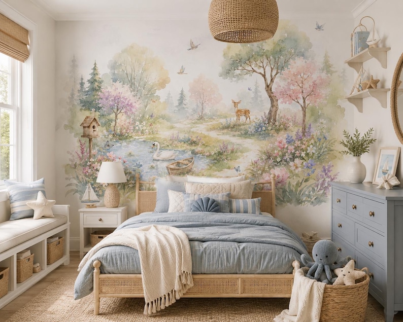 May include: A bedroom featuring a large watercolour wall mural of a forest landscape with a pond, a swan, a deer, and trees. The room includes a light wood bed frame with a blue quilt, a blue dresser, a white nightstand, and a window bench with pillows.