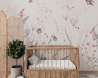 Wildflower Wallpaper Nursery Decor, Soft Meadow Birds Mural, Boho Peel and Stick, Muted Pink Beige Accent Wall, Custom Name Girl Bedroom