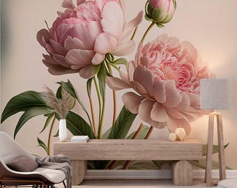 Vintage Peony Wallpaper Mural-Delicate Pink Peonies on Beige Background-Floral Wall Mural-Soft Pastel Floral Wallpaper-Blooming Flower Decor