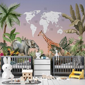 Kinder Weltkarte Tropische Tiere Design - Wandbild Aufkleber Poster für Mädchen Jungen Bab - Detaillierte Weltkarte Wallpaper für Kinder