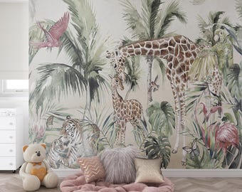 Jungle Wallpaper, Safari Nursery Decor, Jungle Theme Nursery Kids Wallpaper, Safari Wallpaper Peel and Stick, Safari Animals Wallpaper