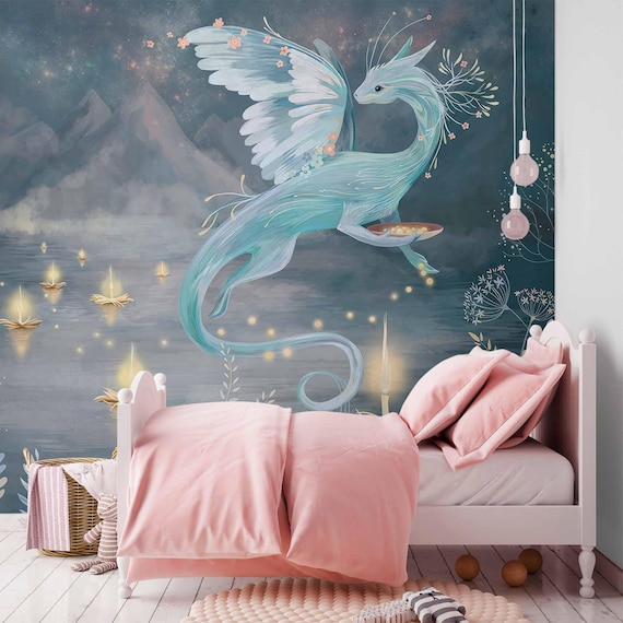 Nursery Wallpaper Mystical Dragon Wall Mural, Fantasy Girl Room Decor, Fairytale Kids Wallpaper, Magical Baby Room Dragon Mural