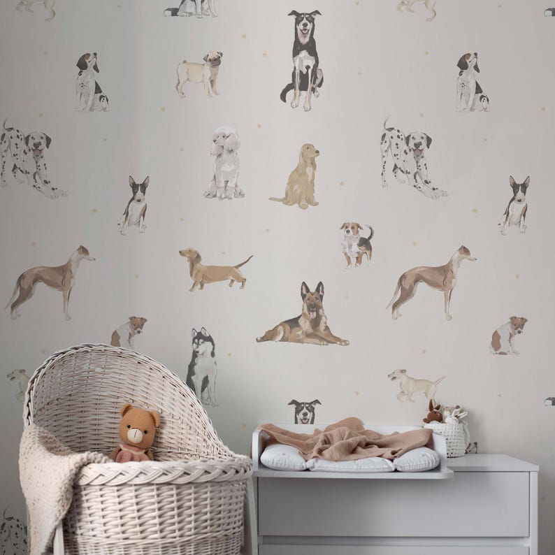 Dogs Pattern Wallpaper for Kids Room, Cute Puppy Nursery Wallpaper ...