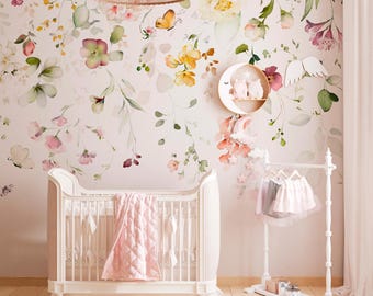 Cascading Wildflowers Butterflies Wallpaper for Bedroom – Peel and Stick Hanging Floral Wall Mural – Romantic Garden Accent Wall – Custom